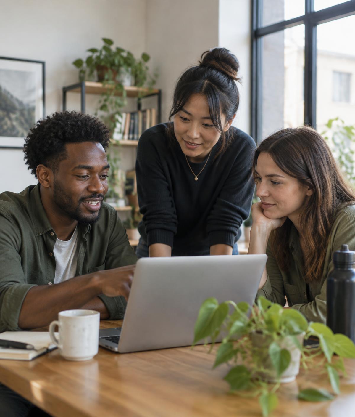 Three colleagues discussing work around a laptop in a bright office